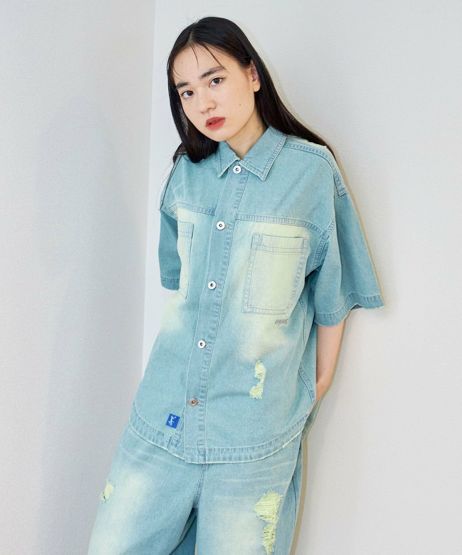 【SEQUENZ】WASHED LIGHT SLUB DENIM S/S SHIRT / 半袖シャツ レギュラーカラー デニム ダメージ 刺繍 オーバーダイ